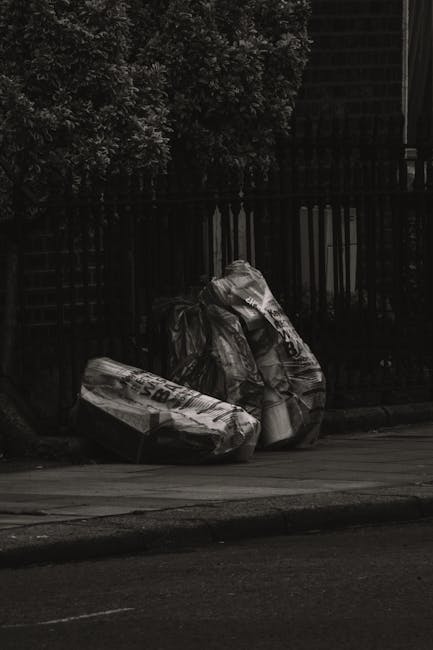Two large black plastic trash bags, filled and tied at the top, are placed on a paved sidewalk near the curb in an outdoor urban setting. The bags appear to contain household waste or rubbish and are positioned close together, leaning slightly against each other. To the left of the bags, a partially visible cardboard box with printed text and logo is resting on the ground, possibly used for disposal or transportation of waste materials. Behind the rubbish, there is a metal fence with vertical bars, and dense foliage and trees are visible above the fence, indicating a residential or park area. The scene is illuminated by natural light, casting soft shadows, with a dark, shadowed background that contrasts with the lighter foreground. The overall atmosphere suggests an instance of private waste clearance, potentially managed by a waste removal service such as Waste Clearance Hampstead, rather than an official municipal rubbish collection, aligning with alternative waste handling practices typical in the area.