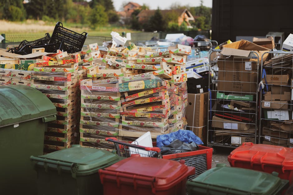 An outdoor scene showing a large pile of flattened cardboard boxes with printed fruit labels, predominantly featuring red, green, and yellow colors. The cardboard stacks are arranged on a paved surface, with some boxes leaning against each other and others stacked neatly. To the right, there are metal wire cage bays filled with various packaging materials, including brown boxes and smaller cartons, some with visible labels. In the foreground, several large green and red wheelie bins are positioned along the edge of the scene, partially obscuring the lower part of the cardboard stacks. A shopping trolley with a blue plastic bag and some loose packaging items is also visible among the waste materials. The background includes a blurred view of a residential area with trees and buildings under soft natural lighting, indicating a clear day. The scene reflects an organized collection of waste materials in a private or commercial rubbish clearance context, associated with independent waste disposal services like Waste Clearance Hampstead.
